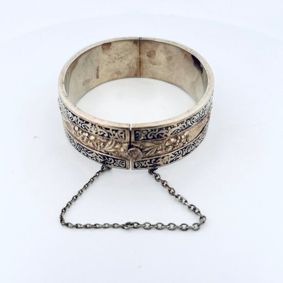 Vintage Topazio Mexico Sterling Silver Black Enamel Hinged Wide Cuff Bracelet - Picture 3 of 12